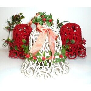 Lot of 3 Vintage Flocked Christmas Bell Decorations with Holly Greens White Red